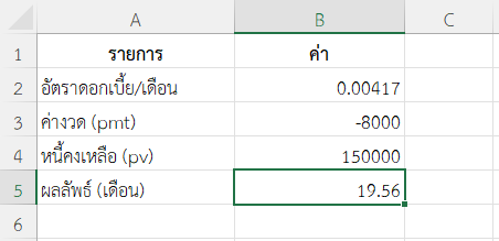 ตัวอย่างที่ 5: คำนวณจำนวนงวดที่เหลือจากยอดคงเหลือของเงินกู้