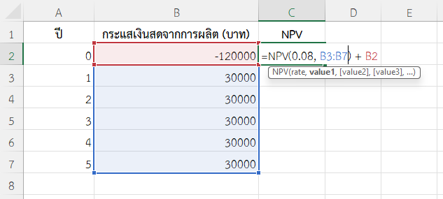 ใช้ฟังก์ชัน NPV ใน Excel คำนวณ NPV เมื่อมีผลตอบแทนสม่ำเสมอ