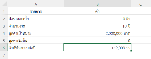 ตัวอย่างที่ 3: ออมเงิน 2 ล้านบาทใน 10 ปี ด้วยดอกเบี้ย 5% ต่อปี (รายปี)