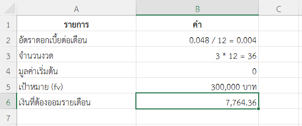ตัวอย่างที่ 4: ต้องออมเงินเดือนละเท่าไร เพื่อเป้าหมาย 300,000 บาทใน 3 ปี ดอกเบี้ย 4.8% (รายเดือน)