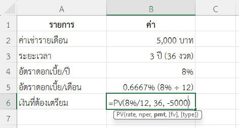 ใช้ฟังก์ชัน PV ใน Excel ประเมินค่าเช่าอุปกรณ์สำนักงาน