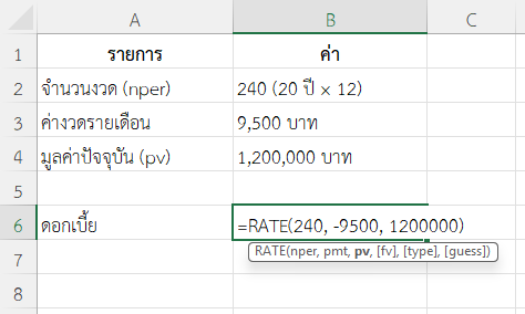 ใช้ฟังก์ชัน RATE ใน Excel คำนวณอัตราดอกเบี้ยของเงินกู้บ้าน