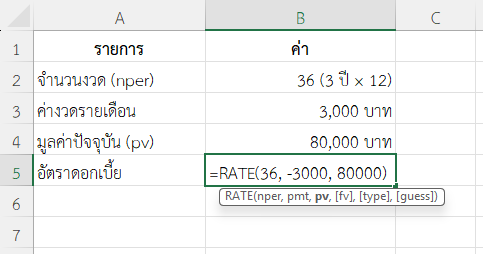 ใช้ฟังก์ชัน RATE ใน Excel คำนวณอัตราดอกเบี้ยของการเช่าซื้อเครื่องถ่ายเอกสาร