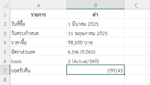 ตัวอย่างที่ 4: คำนวณยอดรับจากตั๋วเงินคลัง (Treasury Bill)