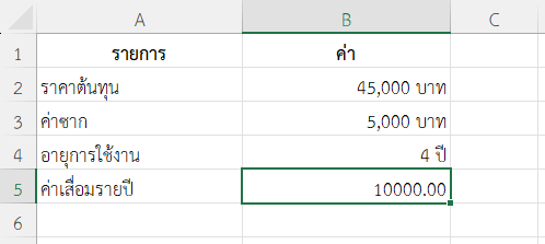 ตัวอย่างที่ 1: คำนวณค่าเสื่อมของคอมพิวเตอร์สำนักงาน