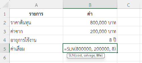 ใช้ฟังก์ชัน SLN ใน Excel คำนวณค่าเสื่อมของรถยนต์บริษัท