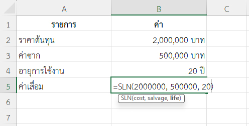 ใช้ฟังก์ชัน SLN ใน Excel วางแผนบัญชีค่าเสื่อมอาคาร