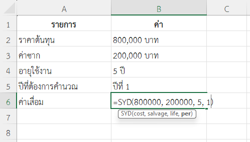 ใช้ฟังก์ชัน SYD ใน Excel คำนวณค่าเสื่อมรถยนต์ในปีแรก