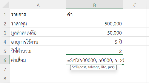 ใช้ฟังก์ชัน SYD ใน Excel คำนวณค่าเสื่อมในปีที่ 2