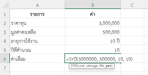 ใช้ฟังก์ชัน SYD ใน Excel คำนวณค่าเสื่อมในปีที่ 10