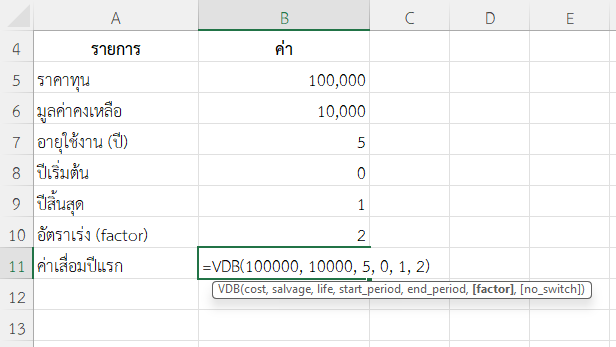 ใช้ฟังก์ชัน VDB ใน Excel คำนวณค่าเสื่อมราคาของเครื่องจักรปีแรก
