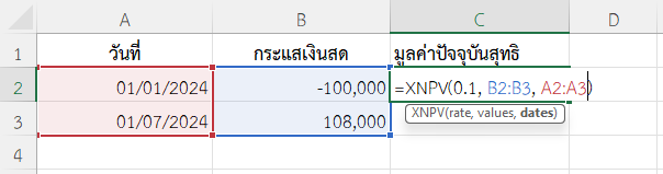 ใช้ฟังก์ชัน XNPV ใน Excel หามูลค่าปัจจุบันสุทธิของการซื้อหุ้น 1 ครั้งและขายในอีก 6 เดือน