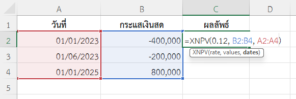 ใช้ฟังก์ชัน XNPV ใน Excel ประเมินความคุ้มค่าของโครงการที่มีการจ่ายเงินระหว่างก่อสร้างและขายในปีสุดท้าย