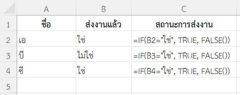 ใช้ฟังก์ชัน FALSE ใน Excel ตรวจสอบสถานะการส่งงาน