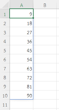 สร้างตารางที่แสดงผลคูณของแม่ 9 สำหรับเลข 1 ถึง 10