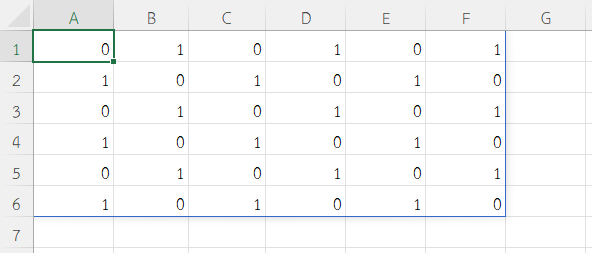 สร้างตาราง 6x6 ที่สลับค่าระหว่าง 0 และ 1