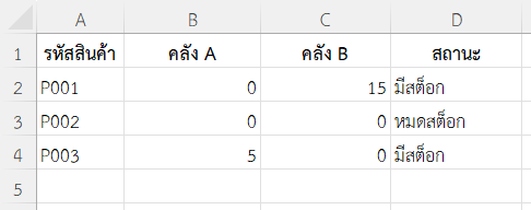ตัวอย่างที่ 2: ตรวจสอบว่าสินค้ามีสต็อกในคลังใดคลังหนึ่งหรือไม่