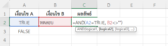 ใช้ฟังก์ชัน TRUE ใน Excel ร่วมกับฟังก์ชัน AND