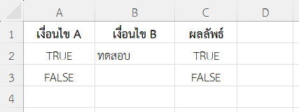 ตรวจสอบว่าเซลล์ A2 เป็น TRUE และ B2 มีค่าไม่ว่าง
