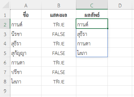 แสดงเฉพาะแถวที่มีสถานะ TRUE