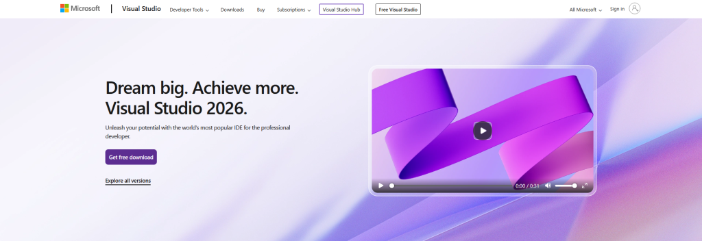 ภาพหน้าจอเริ่มแรกของหน้าเว็บ Visual Studio