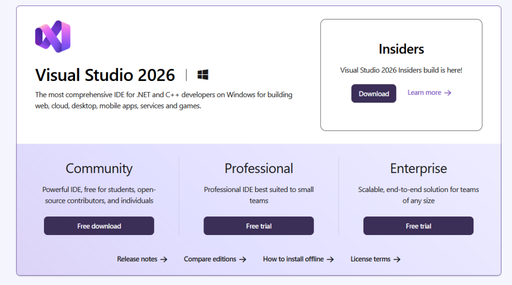 ภาพหน้าสำหรับดาวน์โหลด Visual Studio 2026