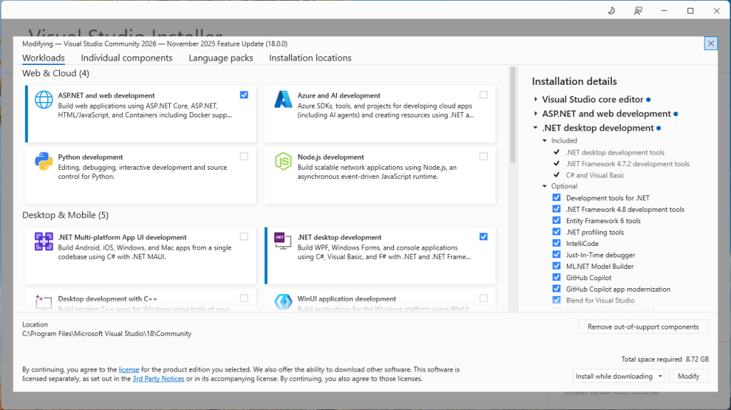ภาพแสดงขั้นตอนการเลือก Workloads ในการติดตั้ง Visual Studio 2026