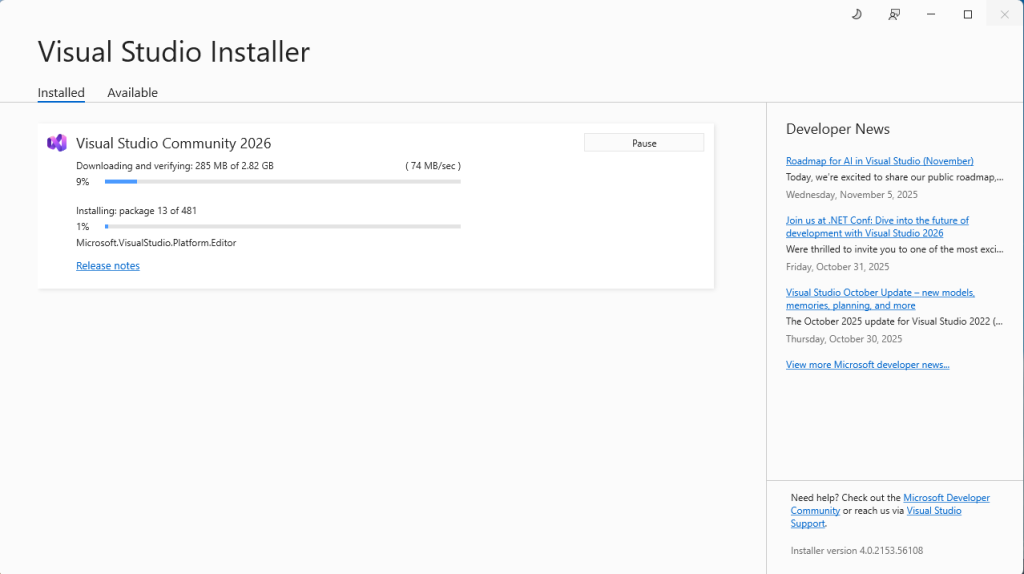 ภาพแสดงขั้นตอนการติดตั้ง Visual Studio 2026