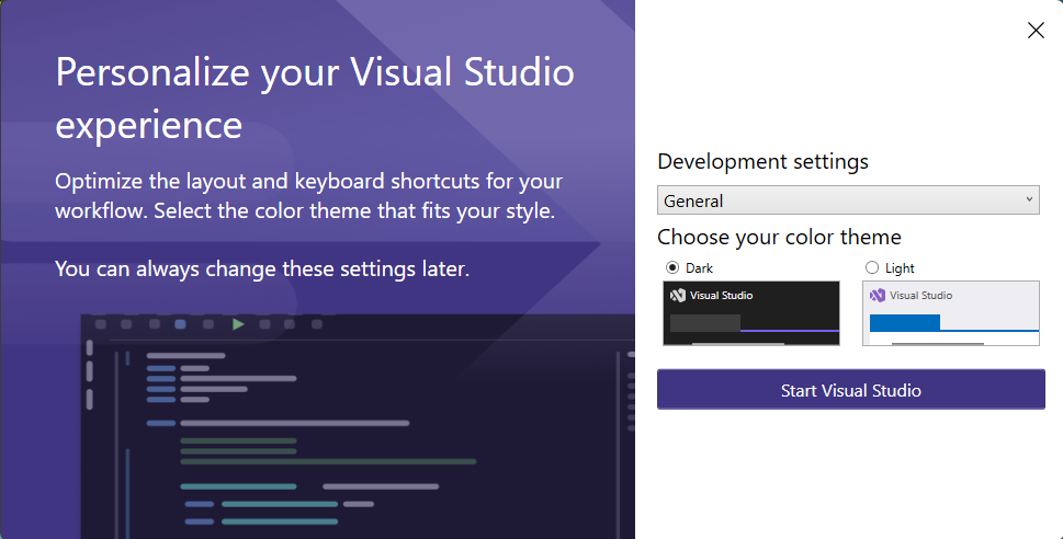 ภาพแสดงหน้าจอการตั้งค่าก่อนเริ่มใช้งาน Visual Studio 2026