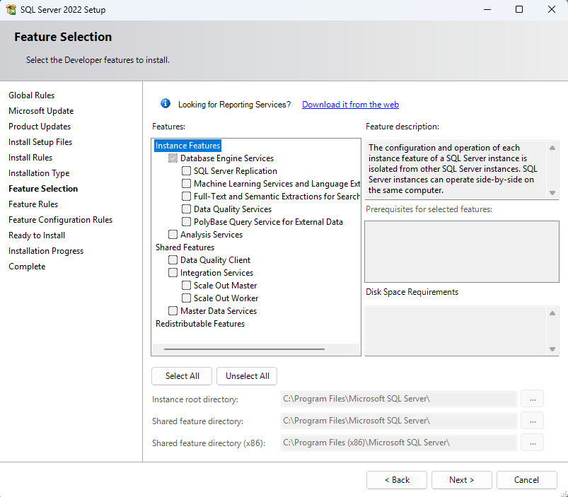 หน้าต่าง Feature Selection