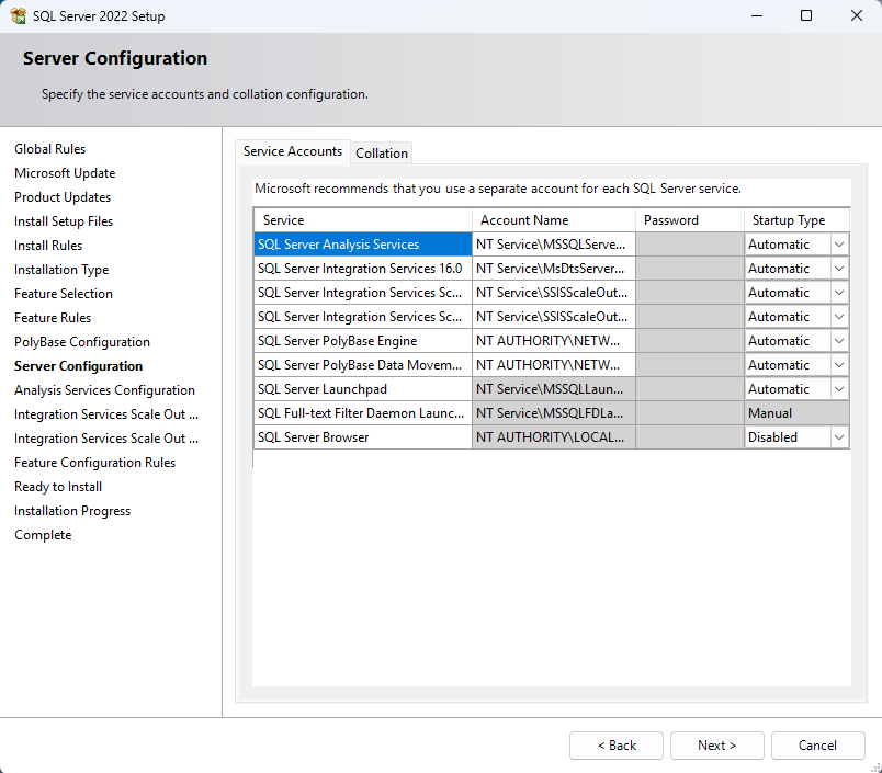 หน้าต่าง Server Configuration