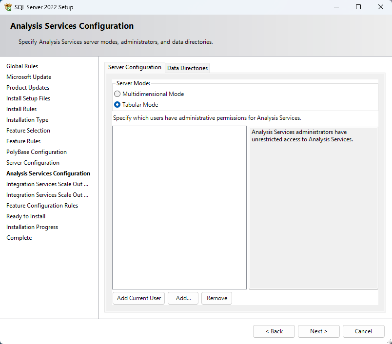 หน้าต่าง Analysis Services Configuration