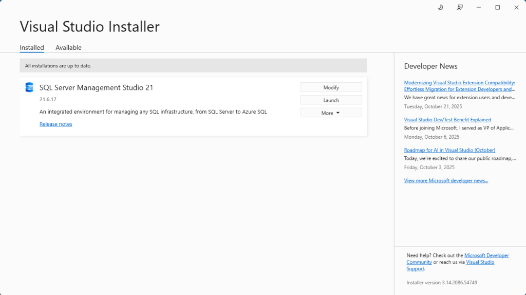 ติดตั้ง SQL Server Management Studio 21 สำเร็จ