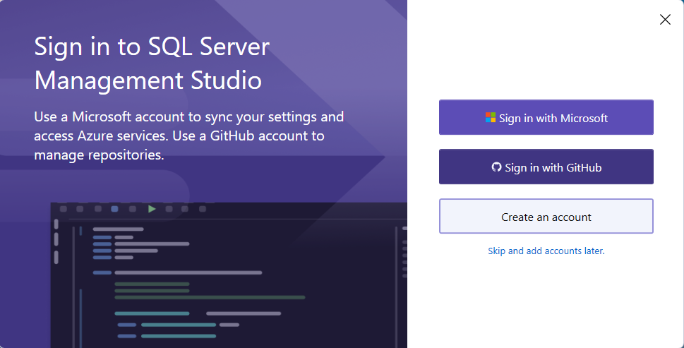 หน้าต่าง Sign in to SQL Server Management Studio