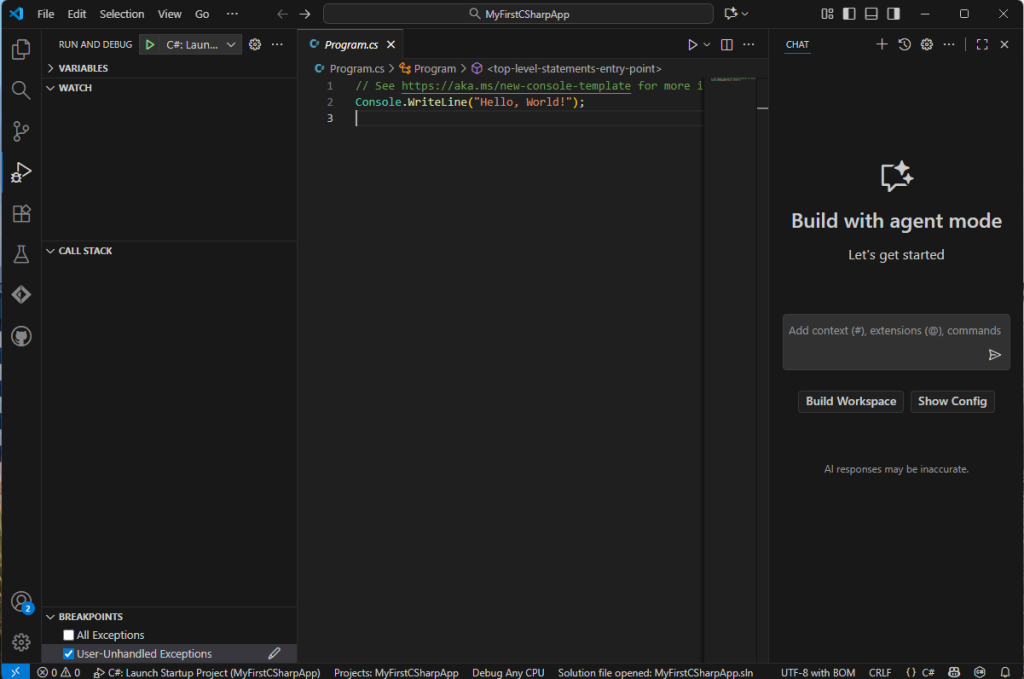 โปรเจ็กต์ Console App ที่เปิดด้วย Visual Studio Code