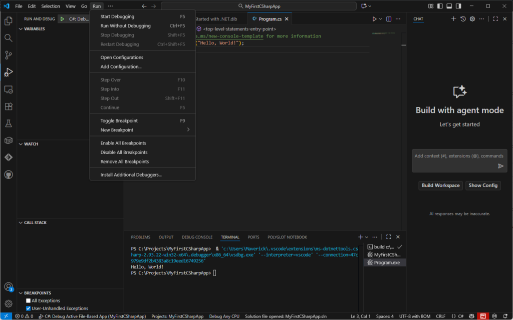 การ Run และ Debug Console App ใน Visual Studio Code