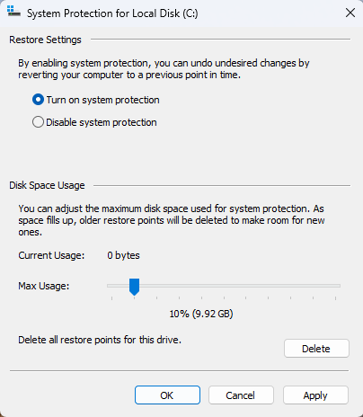 System Protection for Local Disk