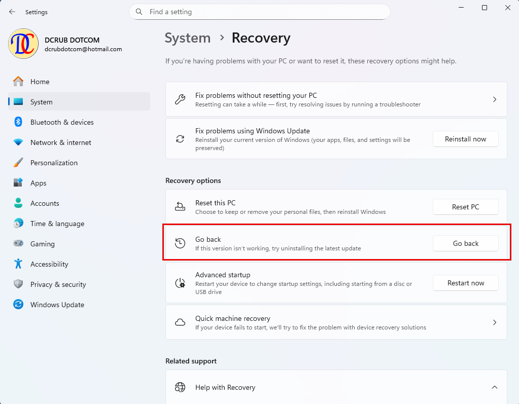 วิธี Downgrade Windows 11 - ปุ่ม Go back ในหน้า Recovery