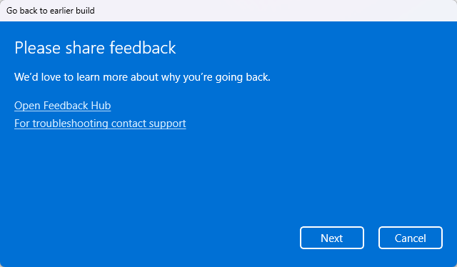 วิธี Downgrade Windows 11 - หน้าจอ Please share feedback