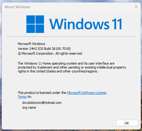 หน้าจอตรวจสอบเวอร์ชันของ Windows