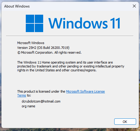 หน้าต่างแสดงเวอร์ชันของ Windows 11 25็2
