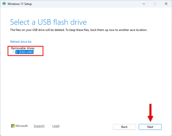 หน้าขั้นตอนการเลือก USB flash drive