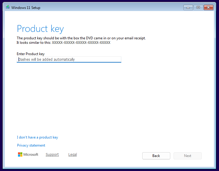 ภาพแสดงหน้าจอ Product key