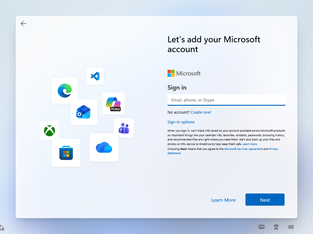 ภาพหน้าจอกรอกบัญชีอีเมลของ Microsoft