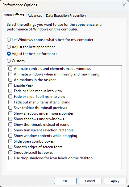 วิธีแก้ปัญหา Windows 11 ช้า - ภาพหน้าจอ Performance Options