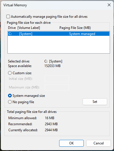 ภาพหน้าจอการปรับแต่ง Virtual Memory