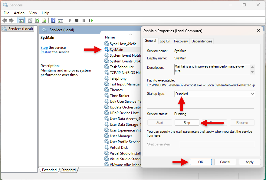 แก้ปัญหา 100% Disk Usage  - ภาพแสดงหน้าจอการปิดใช้งานบริการ SysMain