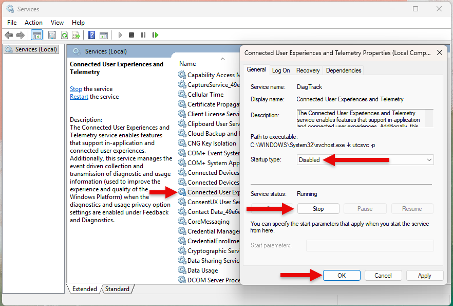 แก้ปัญหา 100% Disk Usage  -  ภาพแสดงขั้นตอนการระงับบริการ Connected User Experiences and Telemetry