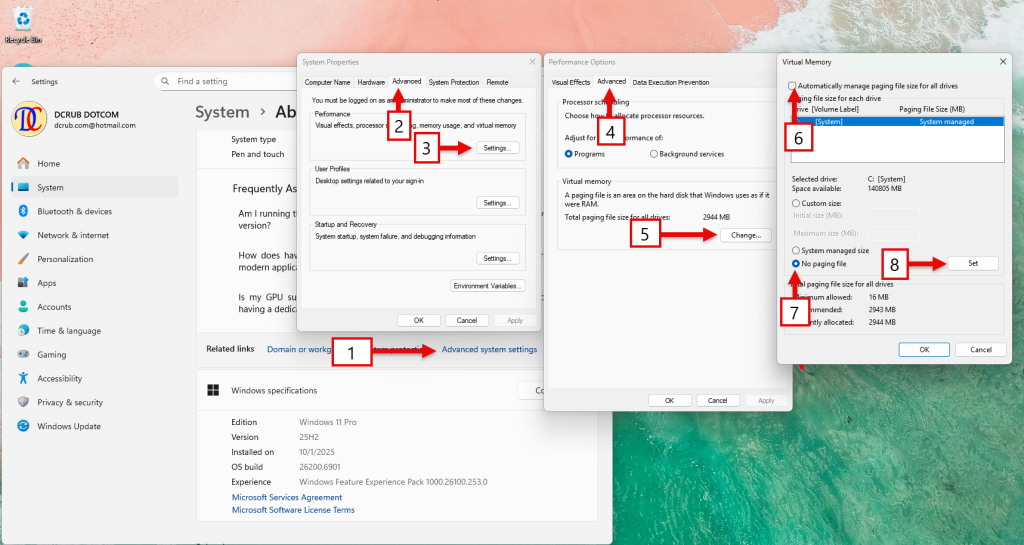 แก้ปัญหา 100% Disk Usage  -  ภาพแสดงขั้นตอนการปรับแต่งหน่วยความจำเสมือน