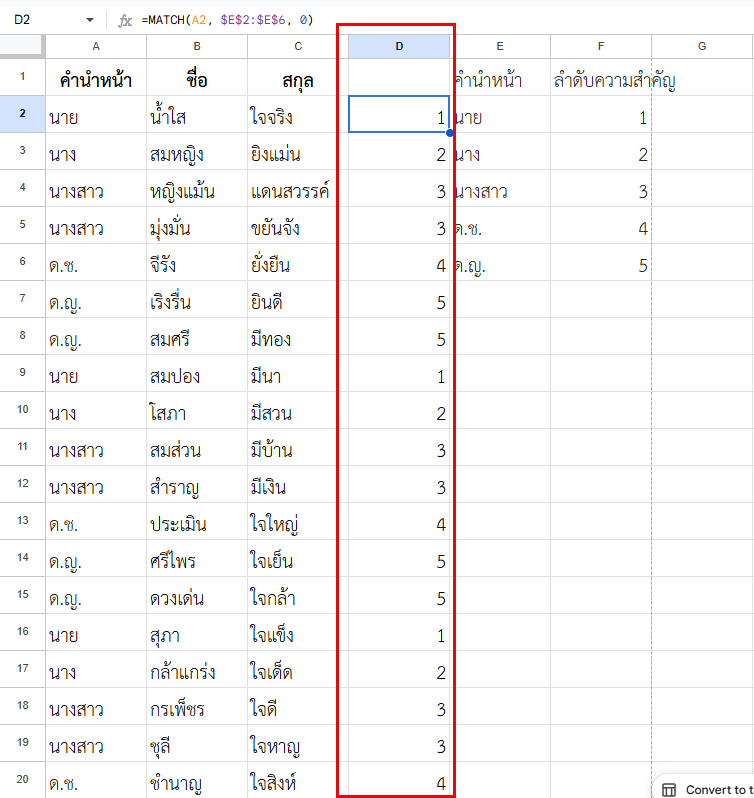 ตำแหน่งลำดับจากตารางเกณฑ์
